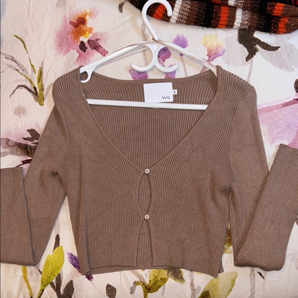 Ribbed Tan Cropped Long Sleeve Cardigan